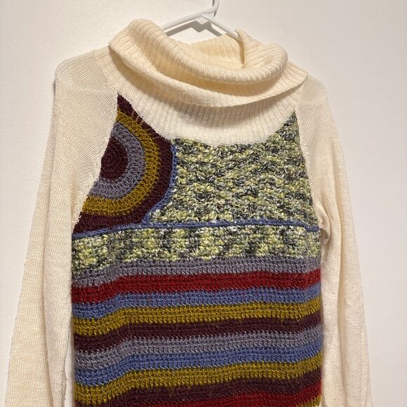 Desigual Womens Sz 4 CowlNeck Patchwork Crochet Sweater Funky Knit Whimsical Art - Picture 3 of 8